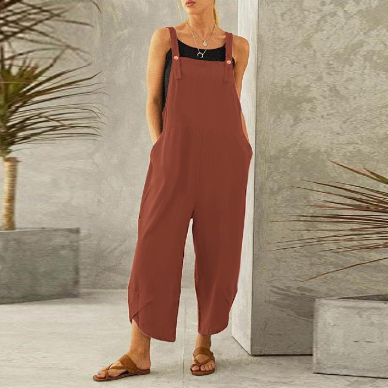 Women's Solid Color Linen Casual Suspender Jumpsuit 