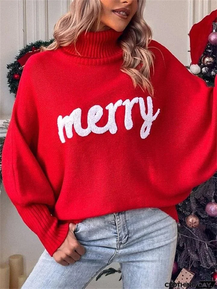 Women's Cute Comfort Bat Sleeve High Neck Christmas Sweaters