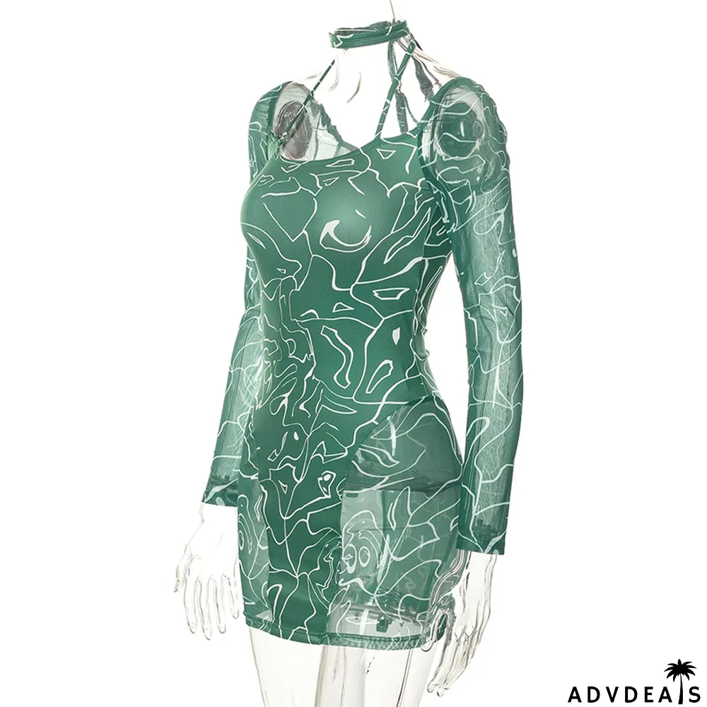 Women Fall Halter Neck Long Sleeve Tie Print Bodycon Dress