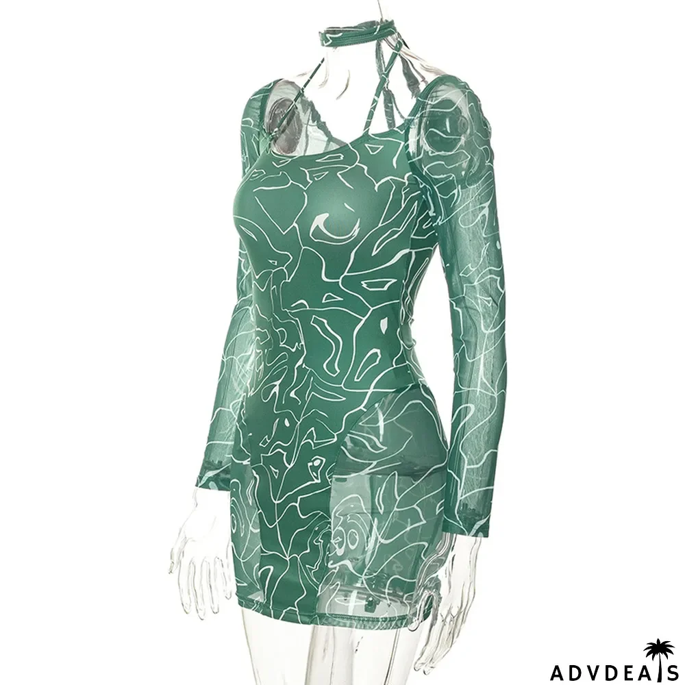Women Fall Halter Neck Long Sleeve Tie Print Bodycon Dress