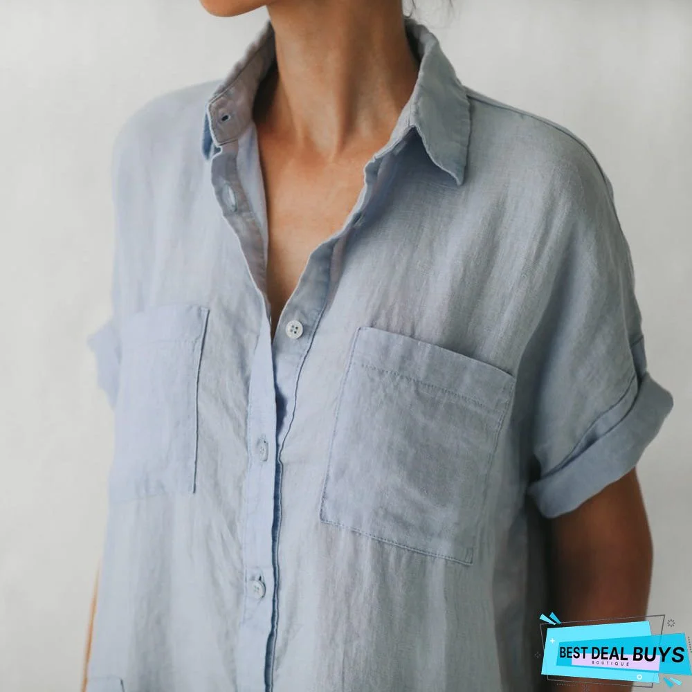 Plus Size Women Solid V Neck Cotton Short Sleeveless Loose Casual Shirt Weaving Dress