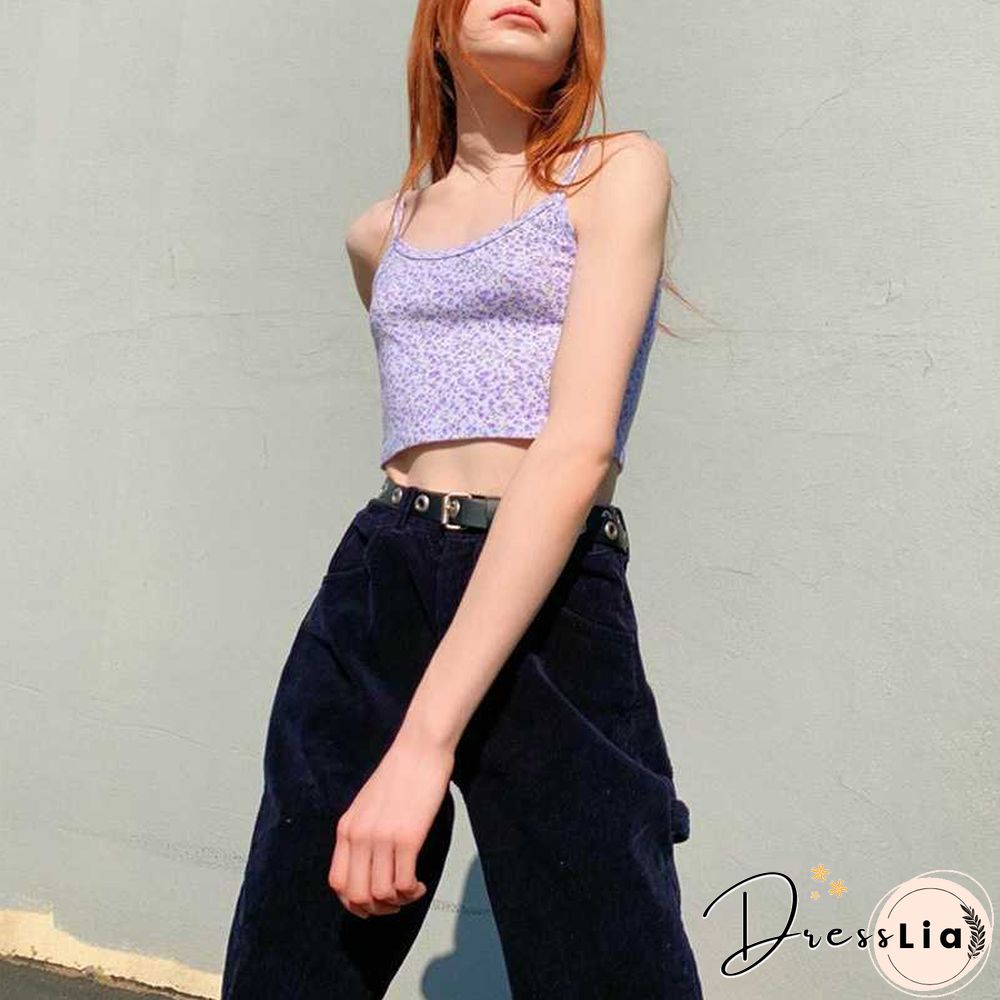 Ribbed Knit Flower Prints Cropped Cami Tops Lace Trim Tank