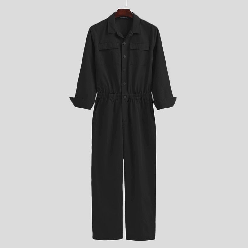 Stylish Men Jumpsuit Long Sleeve Solid Pockets Button Cargo Overalls Streetwear Elastic Waist Chic Mens Rompers Pants INCERUN