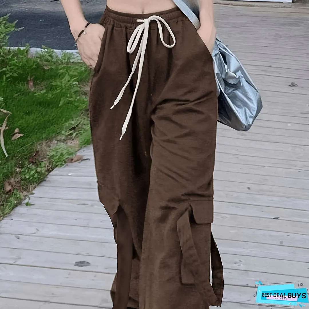 Solid Wide Leg Cargo Pants, Y2K Drawstring Streetwear Baggy Pants With Pocket, Women's Clothing