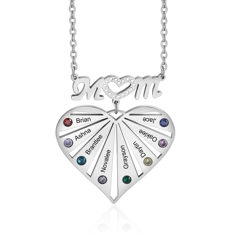 Personalisierte 8 Namen Herz Gravur "MOM" Halskette mit 8 Geburtssteinen