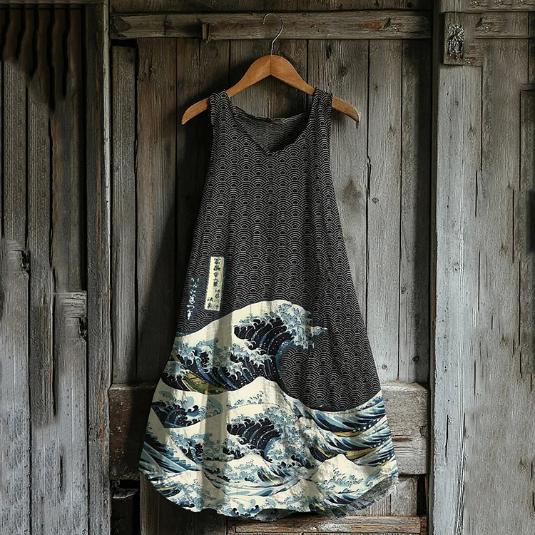 Japanese Traditional Wave Art Linen Tank Dress