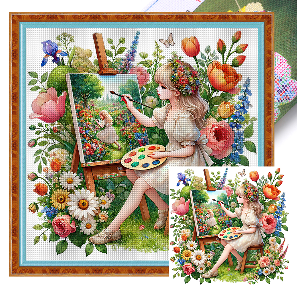 Girl In The Flowers Full 11CT Pre-stamped Canvas(50*50cm) Cross Stitch