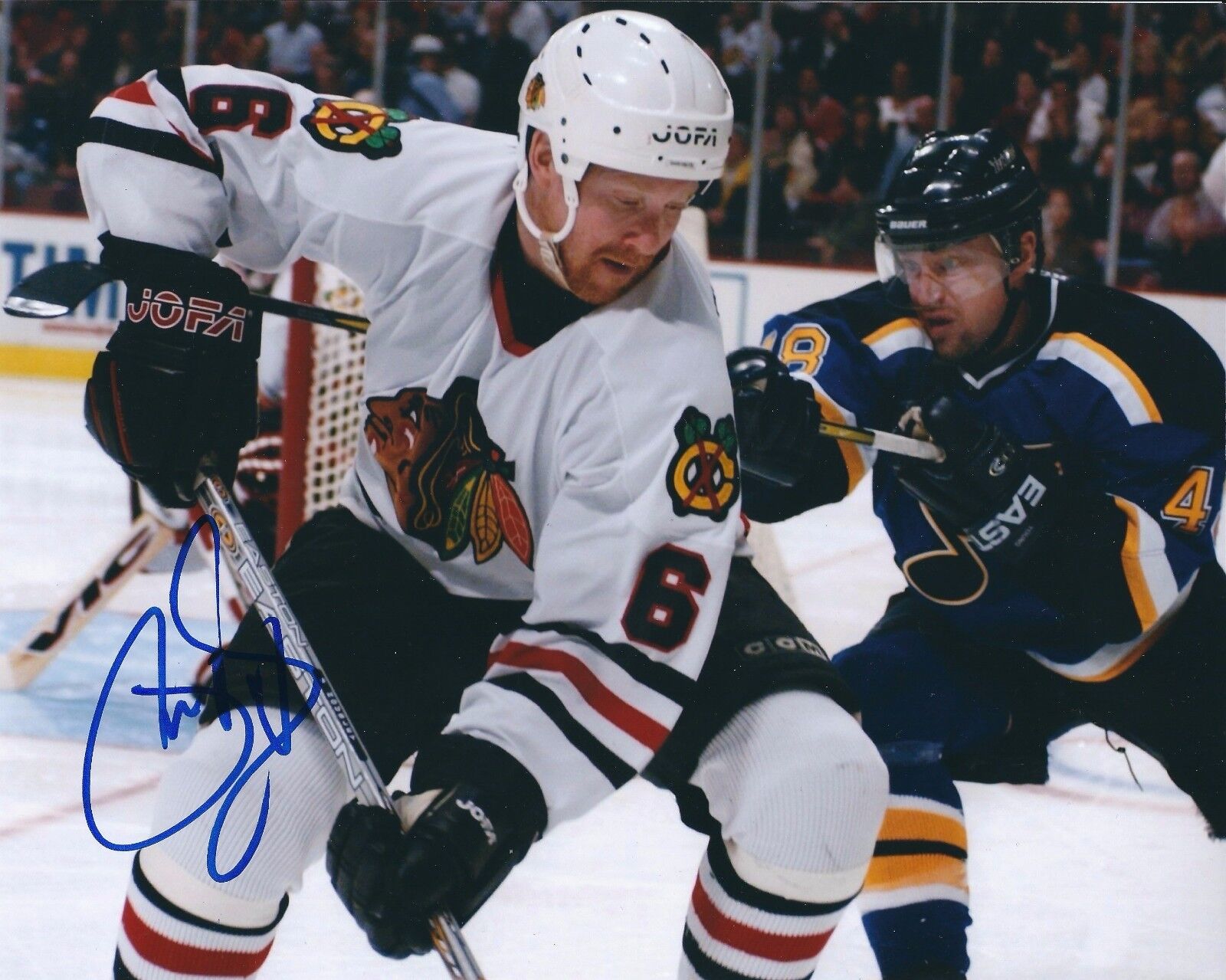 Signed 8x10 PHIL HOUSLEY Chicago Blackhawks Photo Poster painting - COA