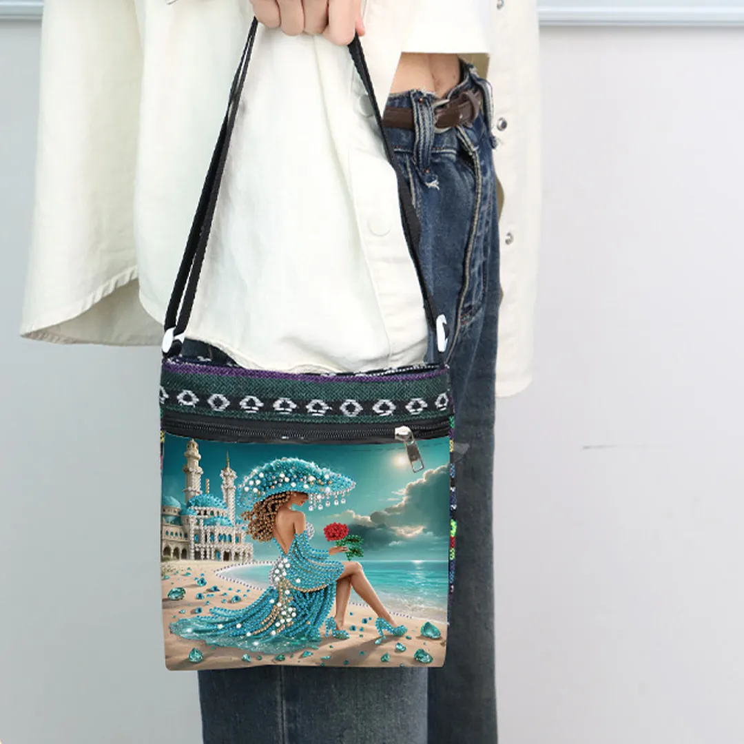 Beach Lady DIY Canvas Diamond Art Painting Crossbody Bag Ethnic Style Crystal Rhinestone Art Handbag with Adjustable Strap for Adults Beginners Shopping Gift