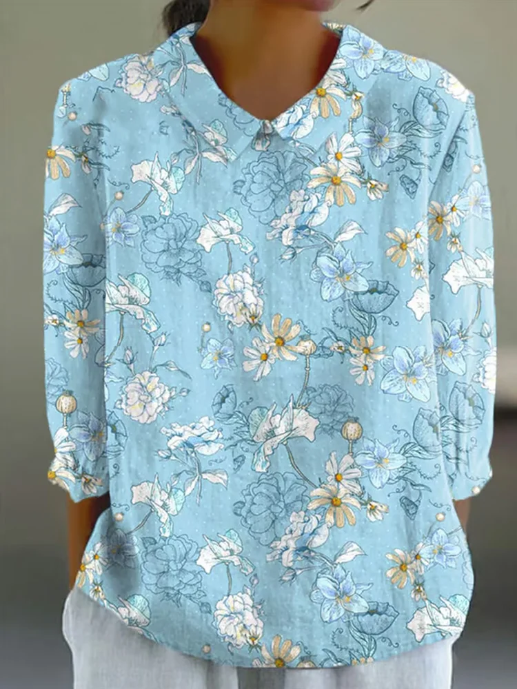 Women's Vintage Botanical Floral Patchwork Art Print Design Lapel Shirt