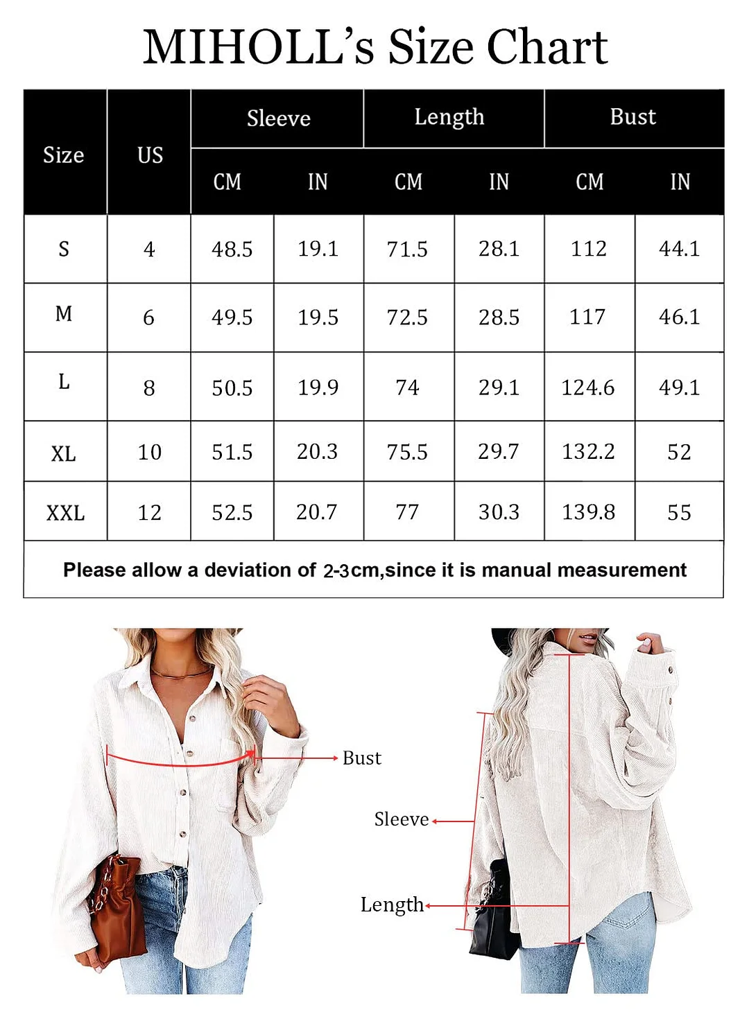 MIHOLL Women Corduroy Long Sleeve Button Down Collared Shirt Jacket Tops