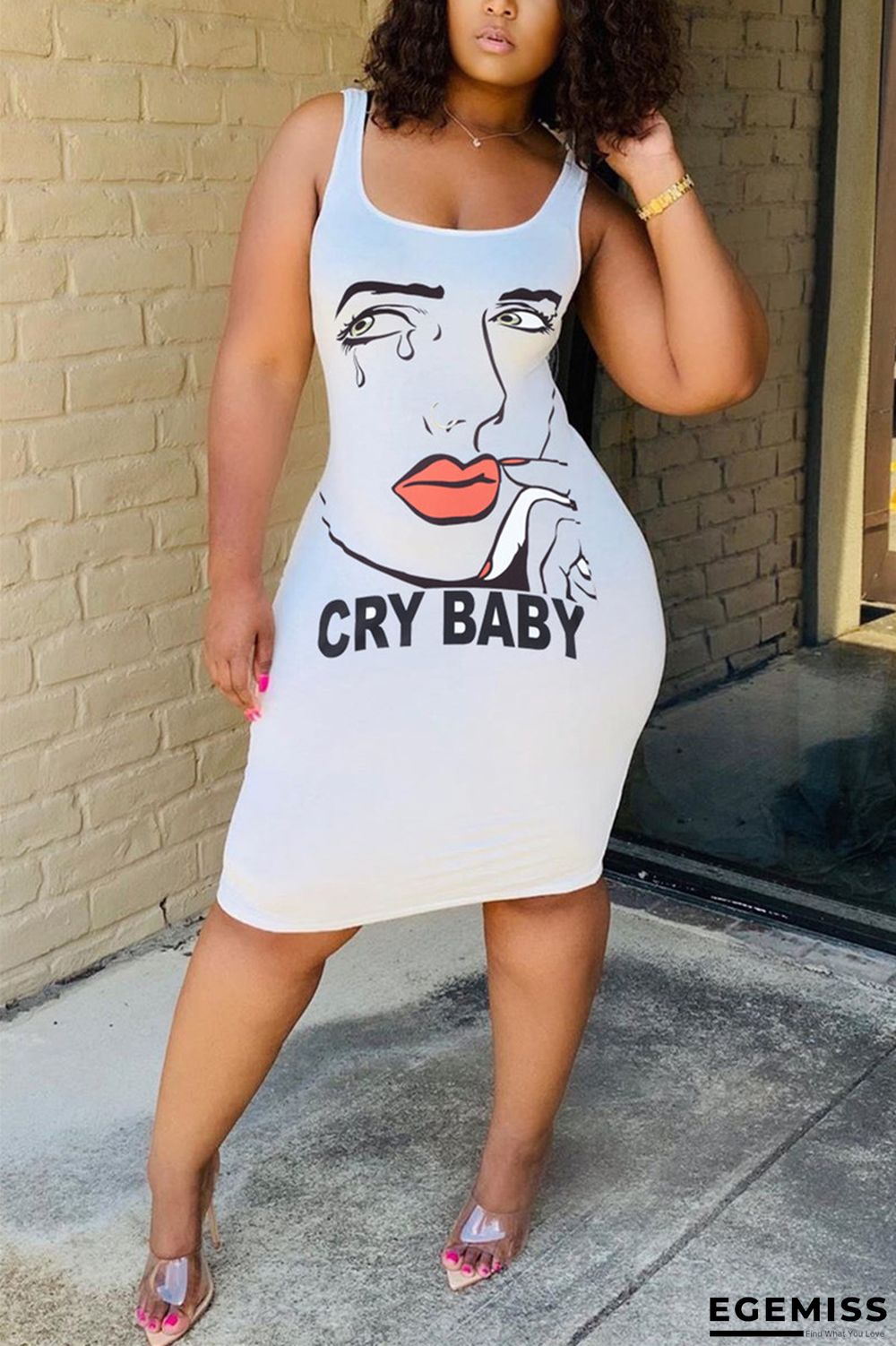 White Sexy White Green Pink Yellow Spaghetti Strap Sleeveless Slip Sheath Knee-Length Print Dresses | EGEMISS