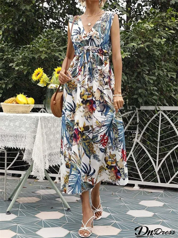 Sexy Printed V-Neck Sleeveless Mid-Waist Dress