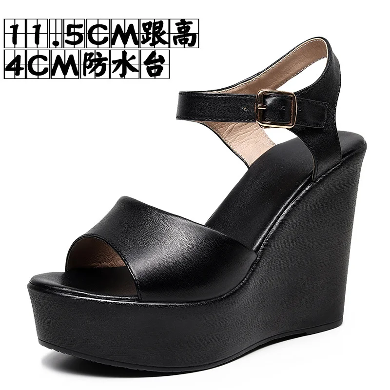 Breakj Breakj Layer Of Cow Skin Summer New Thick-Bottomed Beach 11CM Slopes And Women's Sandals High Heel Waterproof Table Comfortable Pine Pastry Fish Mouth Shoes