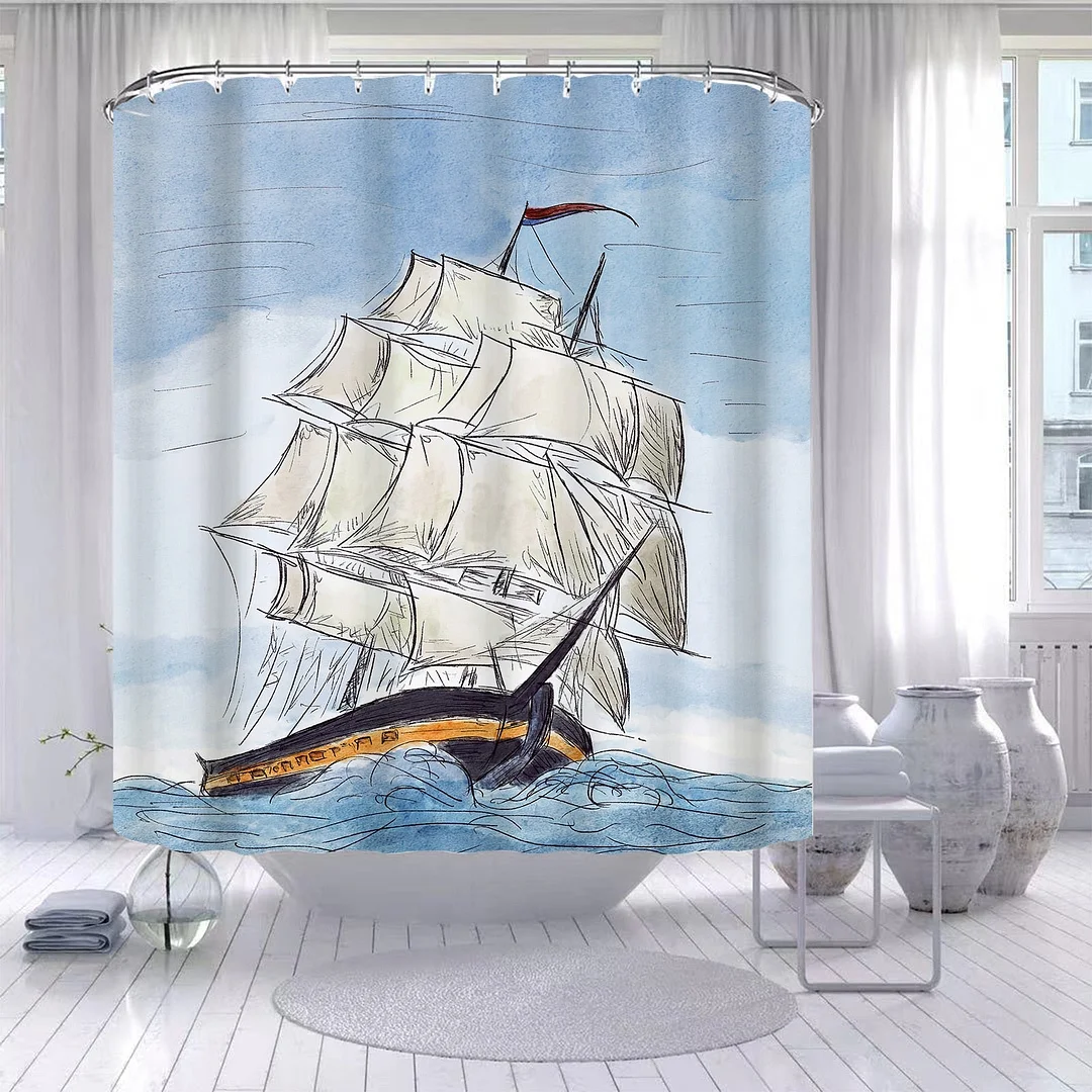 Ship Anchor Rudder Boat Shower Curtain Pirate Sailboat Starfish Bathroom Wall Hanging Curtains Waterproof Hooks Screen Decor