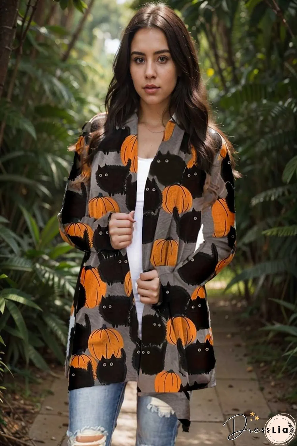 plus size halloween coat women s pus allover cat pumpkin print long sleeve open front medium stretch cardigan overcoat
