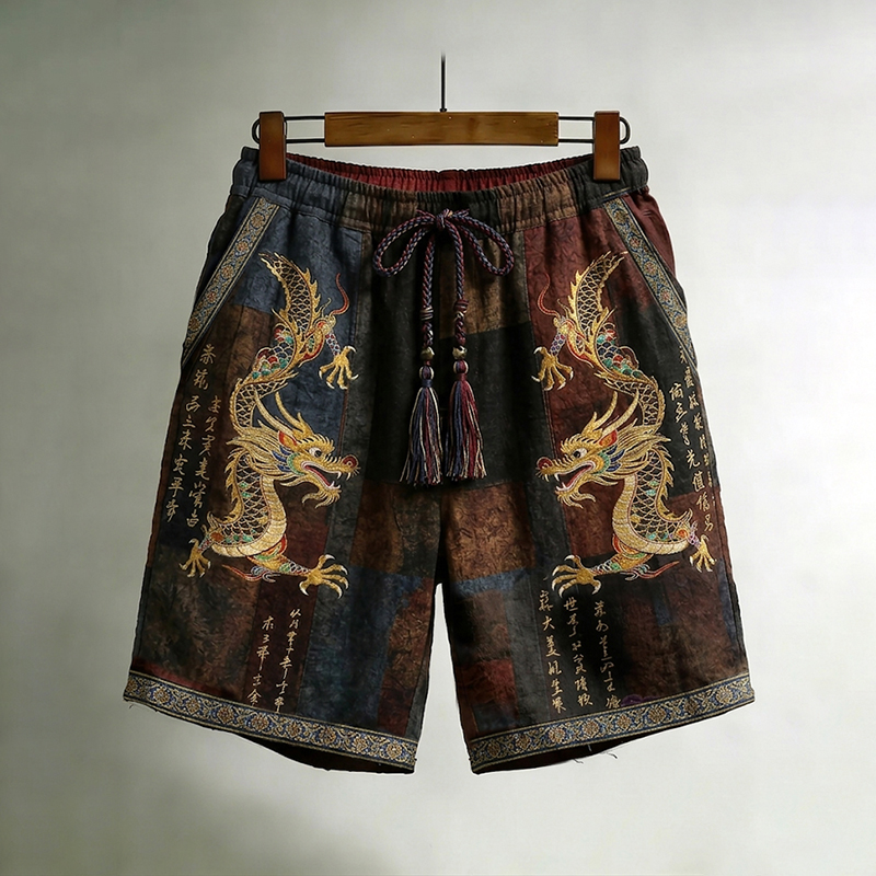 Men's Vintage Japanese Calligraphy Dragon Art Pattern Linen Blend Shorts elevenforest