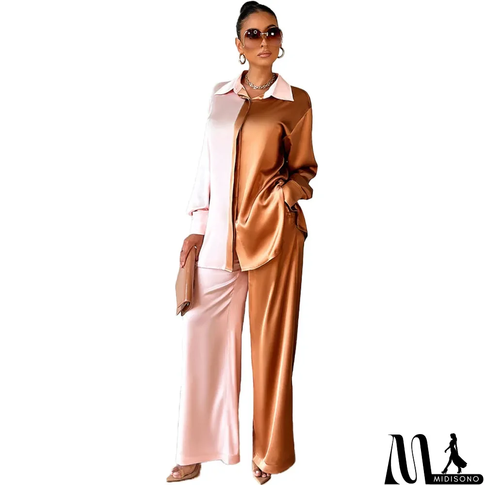 MidiSono - Fall Winter Women's Long Sleeve Colorblock Sleeves Turndown Collar Fashion Shirt And Pants Two Piece Set