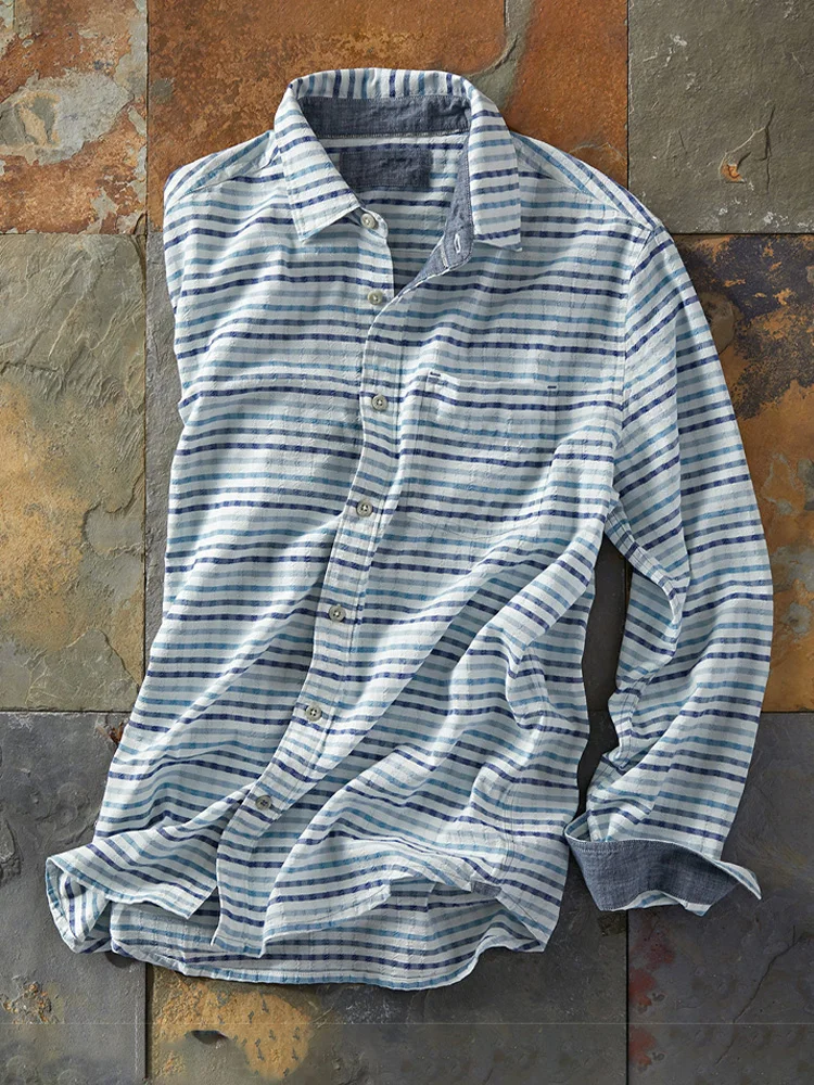 Men's Casual Retro Striped Printed Long Sleeved Shirt