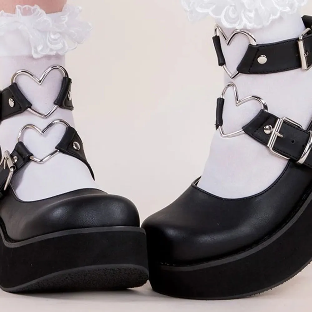 Black Round Toe Wedge Heel Ankle Strap Mary Jane Platform Shoes