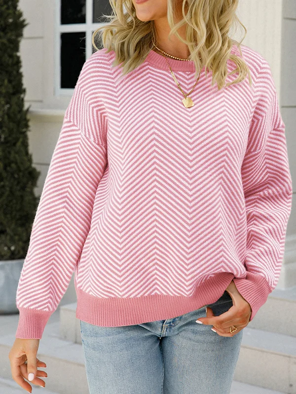 Striped Loose Long Sleeves Round-Neck Sweater Tops Pullovers Knitwear