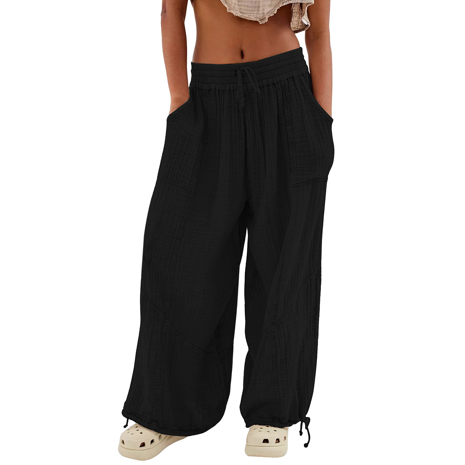 Mature Women's Fashion Solid Color Lace-up Pocket Wide Leg Pants