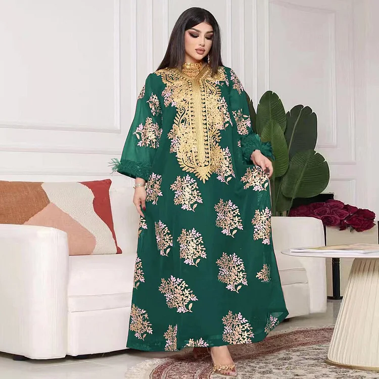 African Americans fashion QFY Muslim Dubai Abaya Islamic Clothes For Women Luxury Wedding Party Evening Gown Floral Embroidery Feather Boho Maxi Dress Bubu Ankara Style QueenFunky