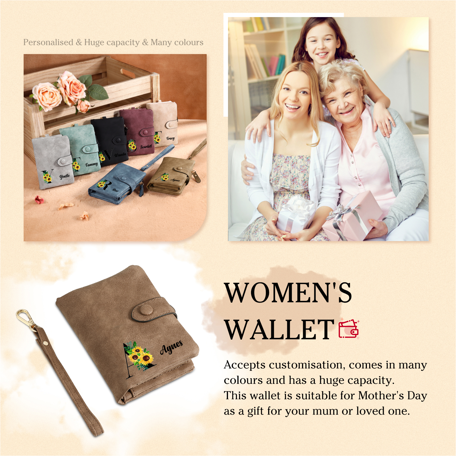 Portafoglio in PU pelle girasole con 1 letetra & 1 testo & 1 nome & 1 foto personalizzati per mamma/nonna