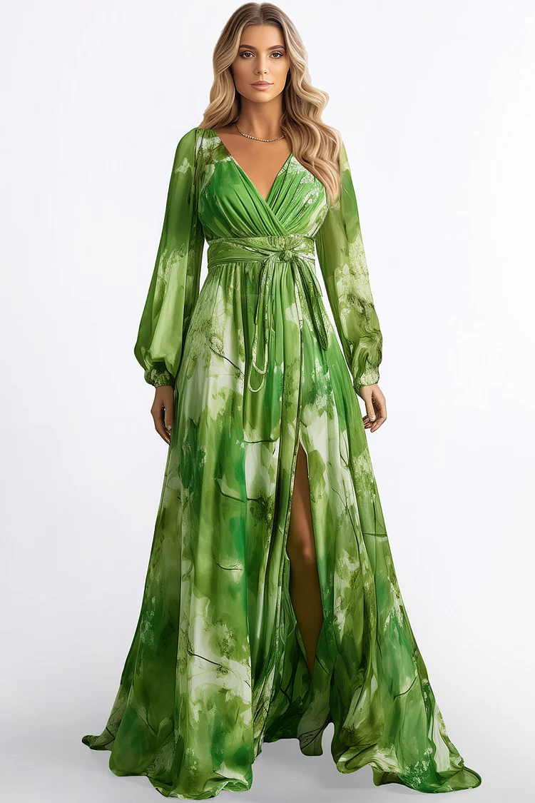 Zaruci Semi Formal Green Chiffon Deep V Neck Long Sleeve Slit Maxi Dress [Pre-Order]