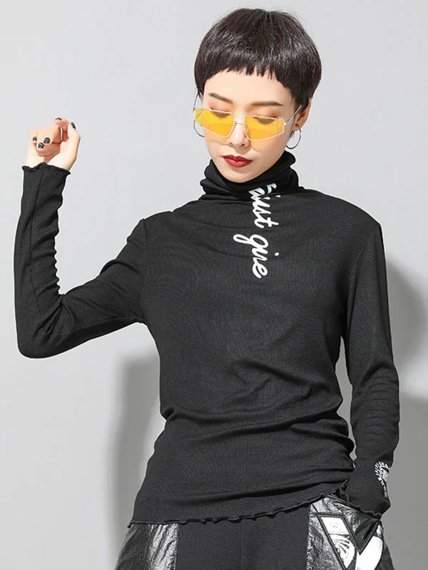 Casual Long Sleeves Skinny Letter Print Solid Color High-Neck T-Shirts Tops