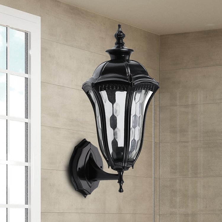 Urn Outdoor Wall Mount Lighting Rustic Clear Dimpled Glass 1 Bulb Black Wall Lamp Fixture