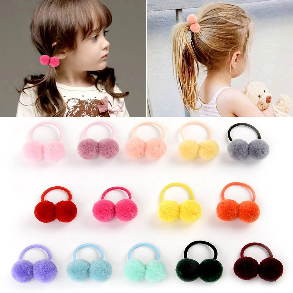 14pcs/lot 1.4" Small Solid Double Fur Ball With Elastic Rope Handmade Hair Band For Kids Girls Hair Accessories