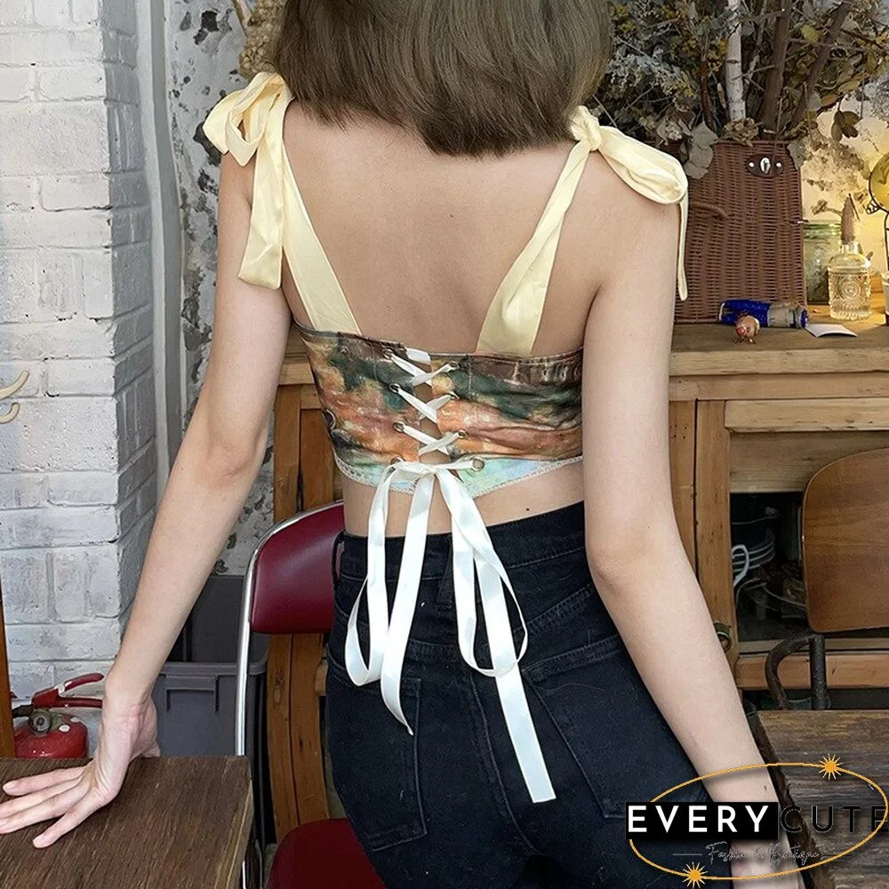 Y2K Vintage Aesthetic Printed Lace Up Camisole Women Bow Bandage Hollow Tank Top Skinny Party Streetwear Summer Trend