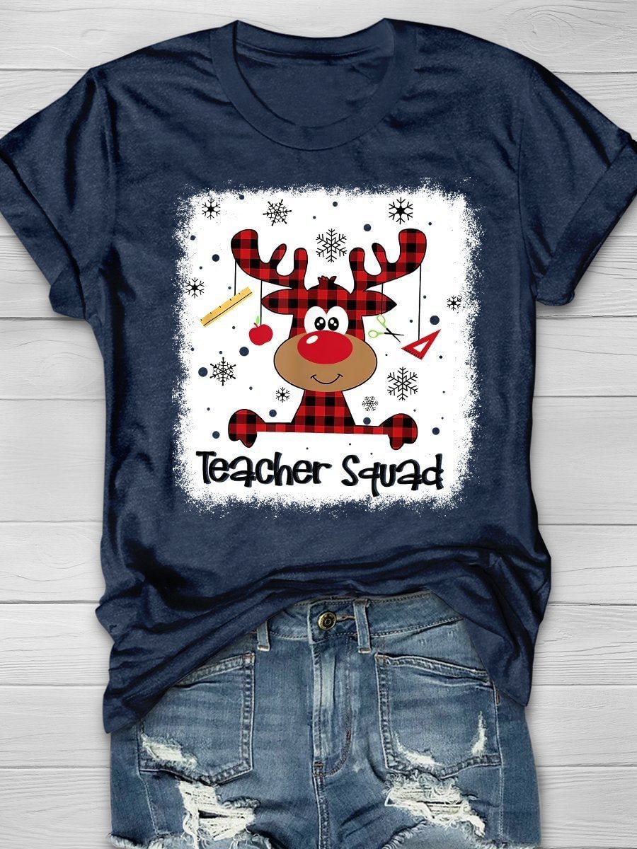 Christmas Reindeer Teacher Squad Print Short Sleeve T-shirt
