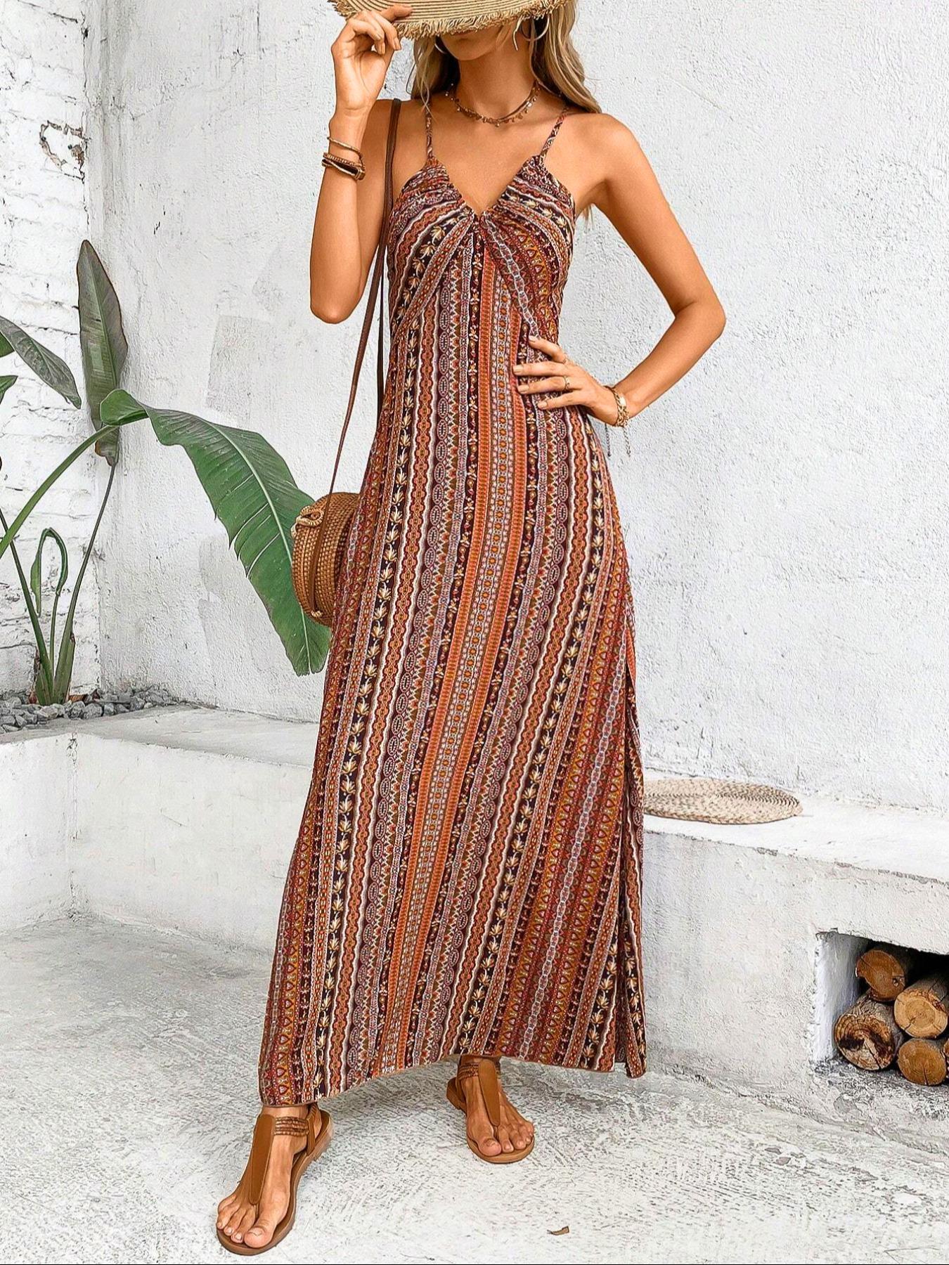Women's Printed Split Long Sleeveless Dress, Classic Stripe Design, Backless Criss Cross Strap, Spring Summer Fall Wear, Casual Boho Elegant Bohemian Style Womenswear