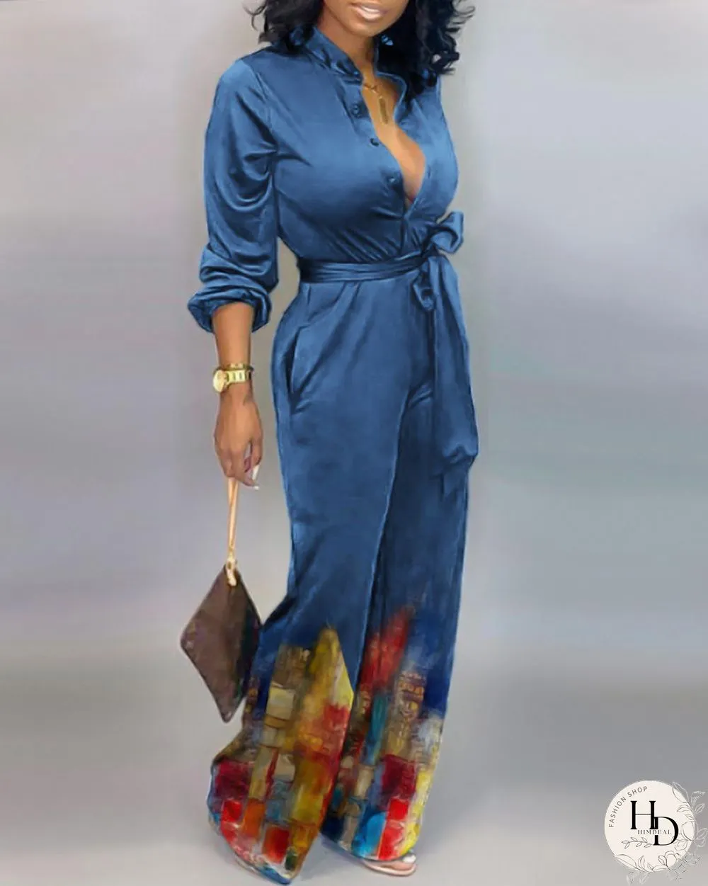 Colorblock Tie Front Buttoned Casual Jumpsuit