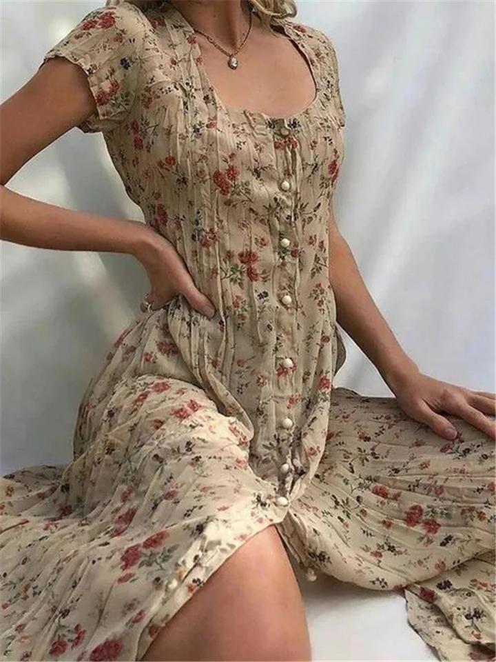  thdmladies French Flair Elegant Floral Square Neckline Midi Dress thedmladies