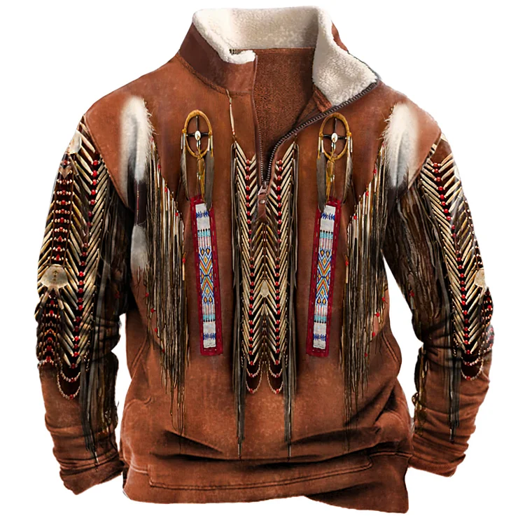 Men's Vintage Western Print Zipper Stand Collar Sweatshirt 7ef8