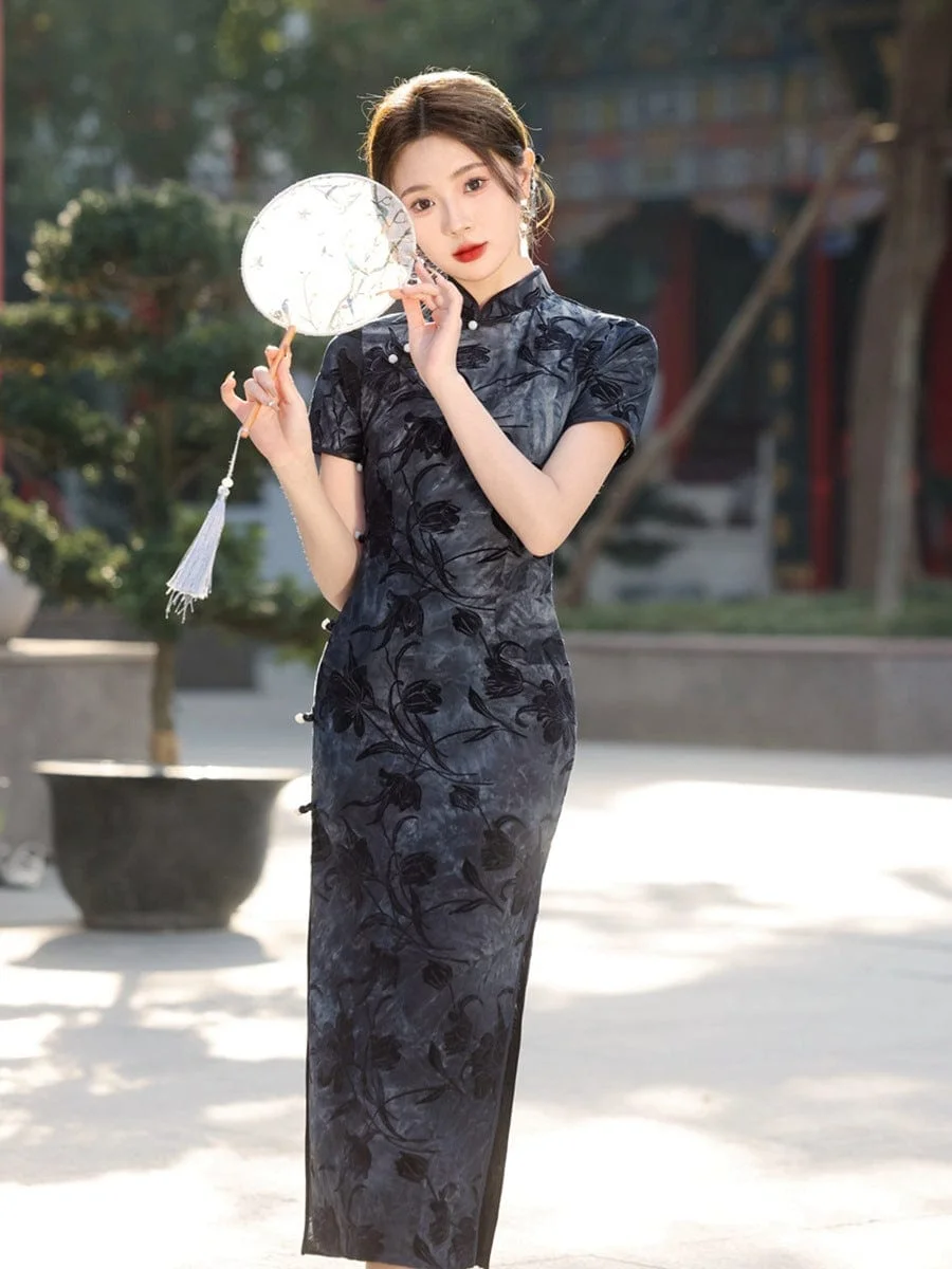 Floral pattern, black&green mid-length Cheongsam