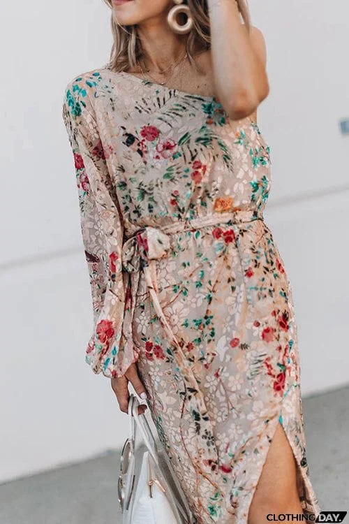 One Shoulder Print Split Ruffle Calf Length Dress
