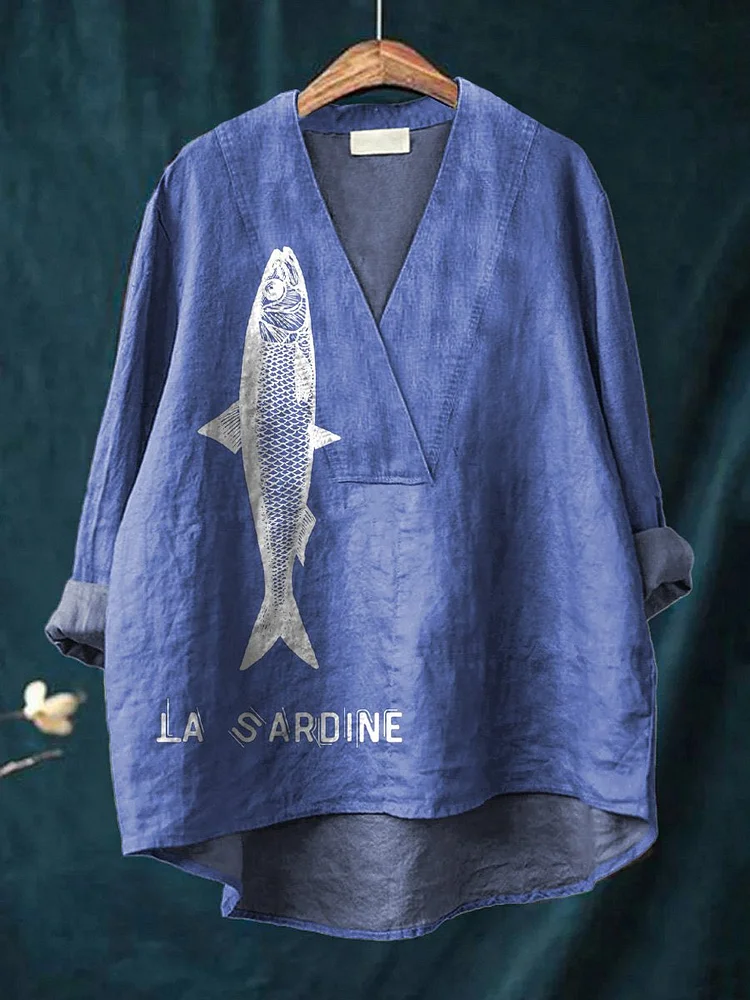 Sardine Fish Graphic Printed Women's Casual Cotton And Linen V-neck Shirt