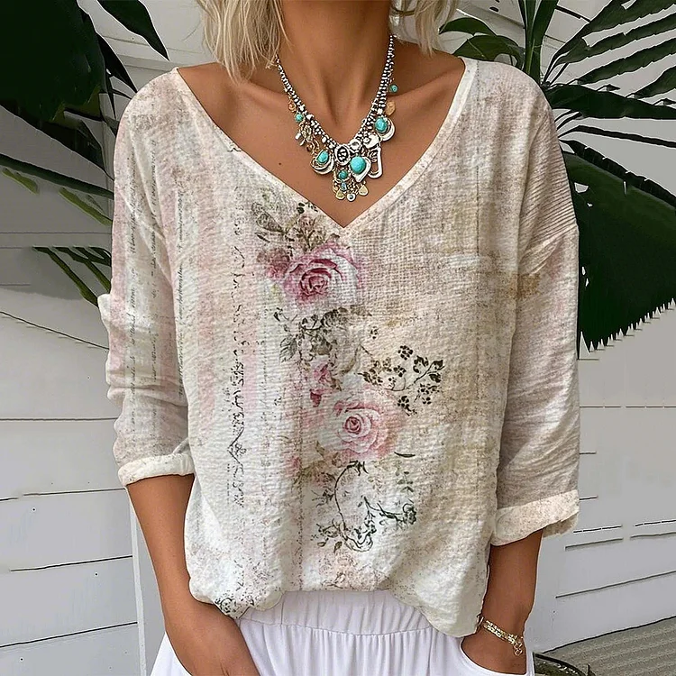Simpfit Lockeres T-Shirt aus Nachahmung aus Nachahmung aus Baumwolle und Leinen mit Vintage-Blumendruck und V-Ausschnitt für Damen