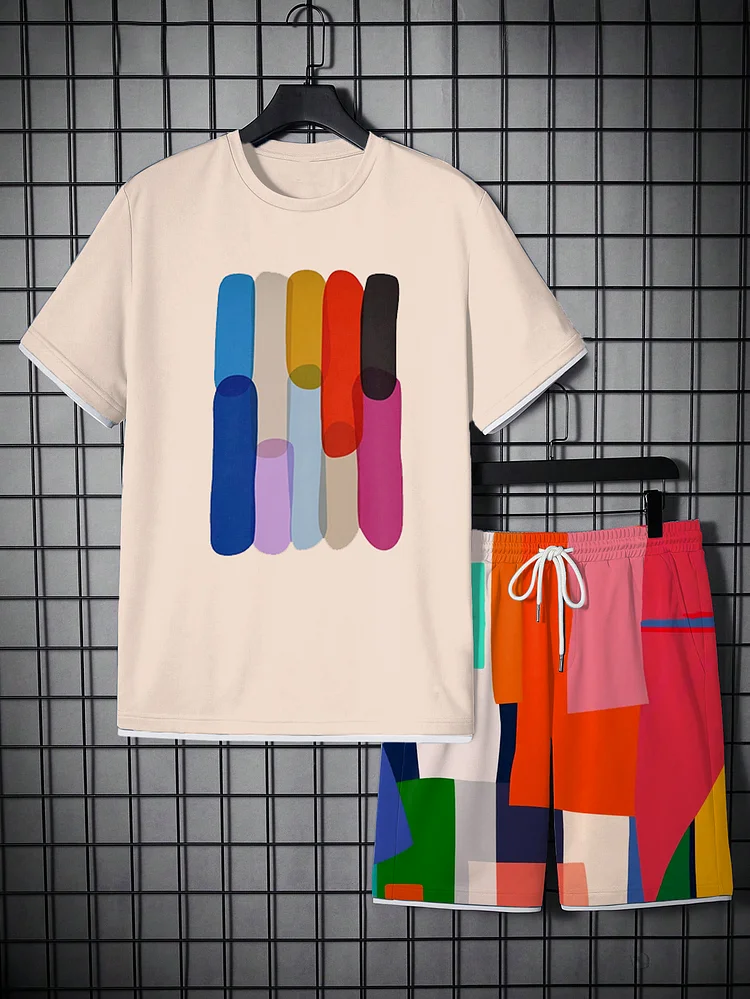Men's Colorblock Art Print T-Shirt Shorts Set