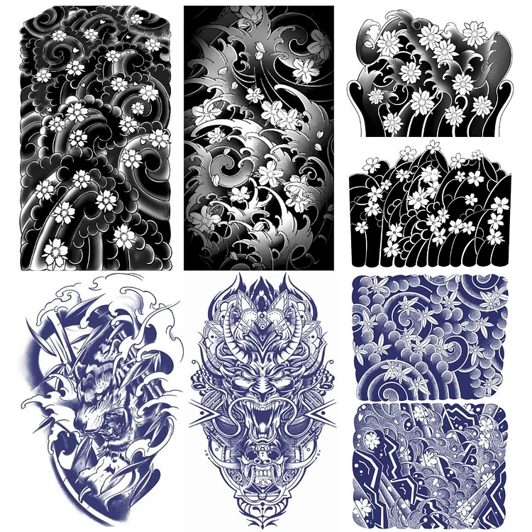 8 Sheets Skura Tiger Dragon Wave Full Arm & Half Arm Semi-Permanent Tattoo Combo