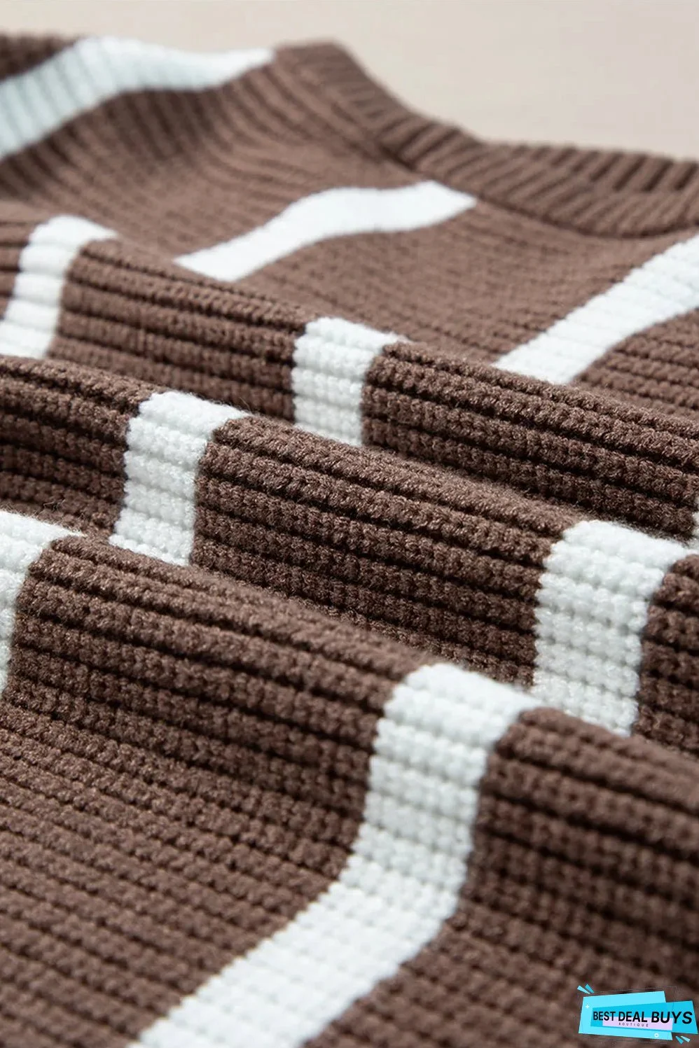 Brown Stripe Zipped Collar Cap Sleeve Knit Top