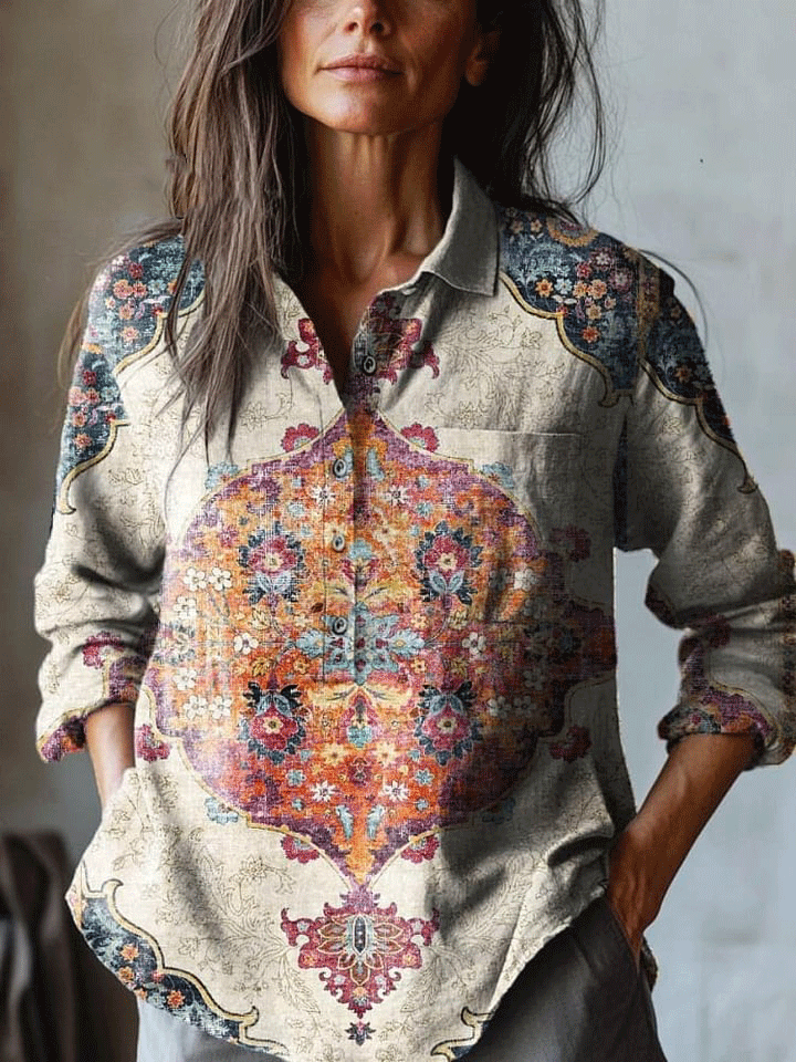 Women's Vintage Ethnic Floral Art Print Casual Cotton And Linen Shirt
