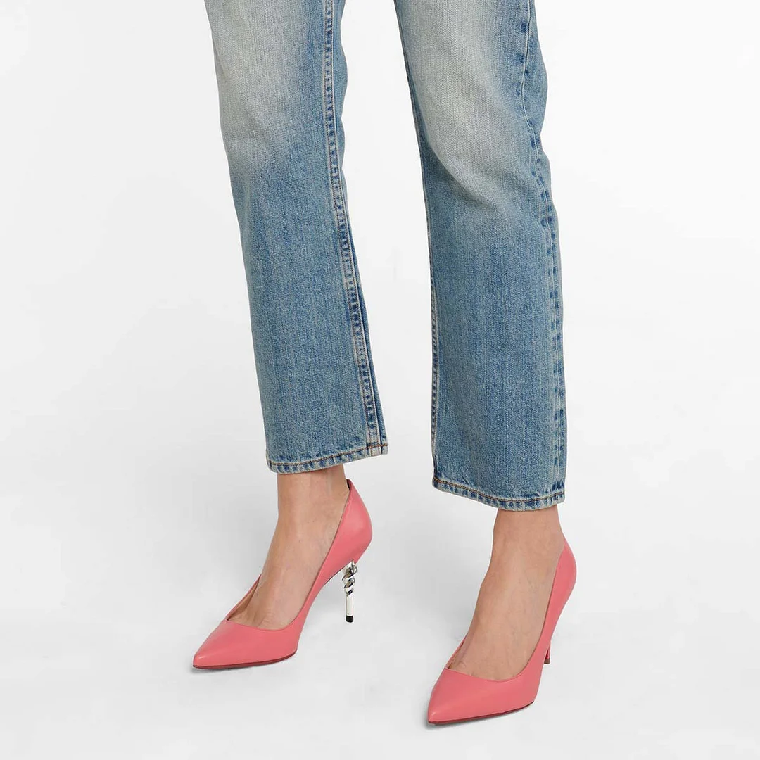 Elegant Vegan Leather Decorative Heel Pointed Toe Pink Pumps