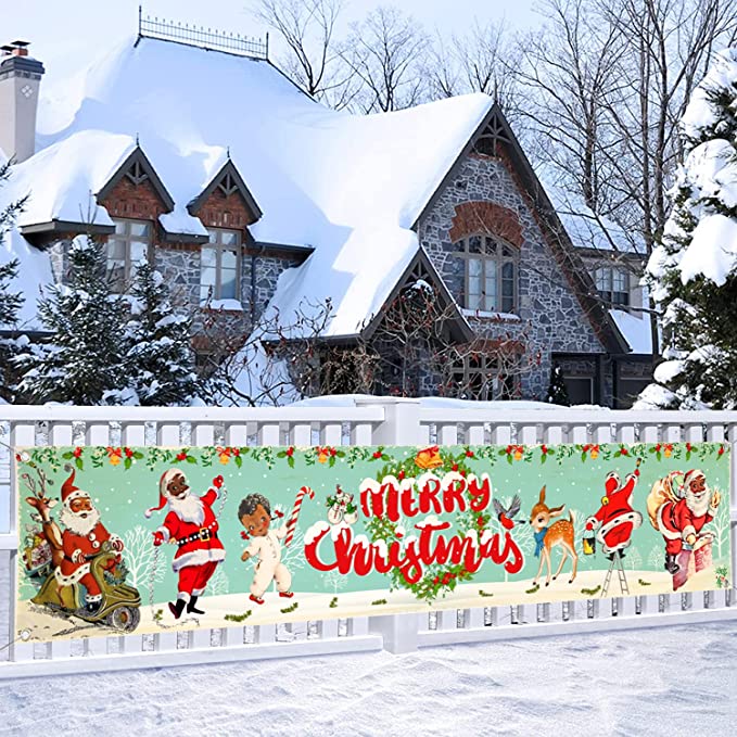98x2ft Vintage Merry Christmas Banner Black Santa Claus Yard Sign Hanging Banner 6931