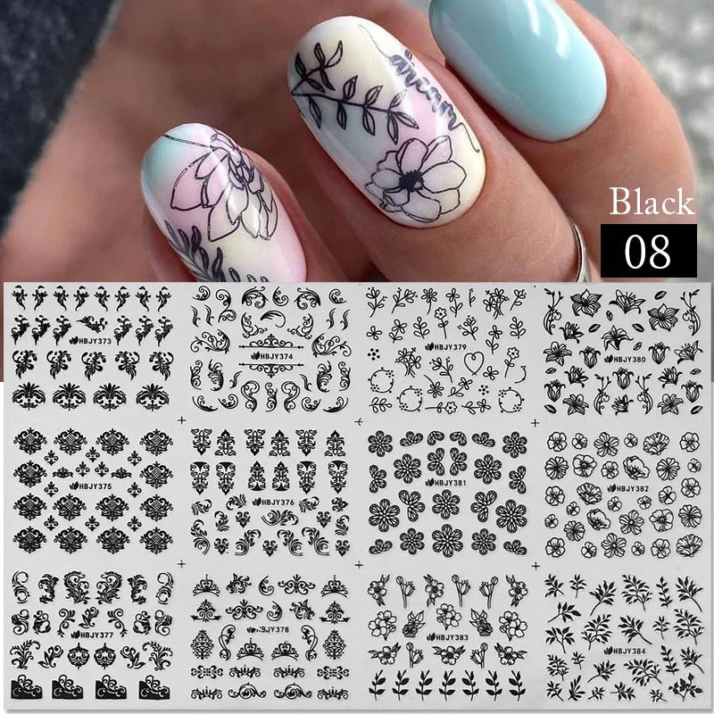 12pcs Flower Leaf Lace 3D Stickers for Nail Decals Mandala Flowers White Black Slider Manicure DIY Nail Art Decoration Tools-Nail Inspo