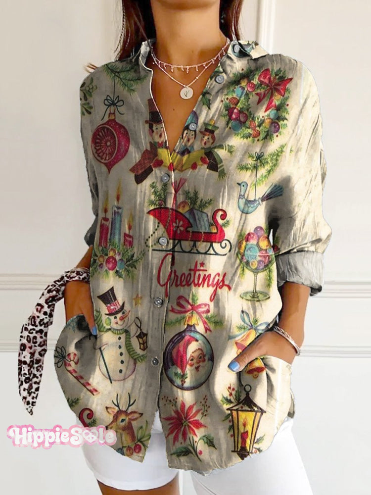 Women&rsquo;s Vintage Christmas Art Print Casual Cotton Shirt Multicolor / S